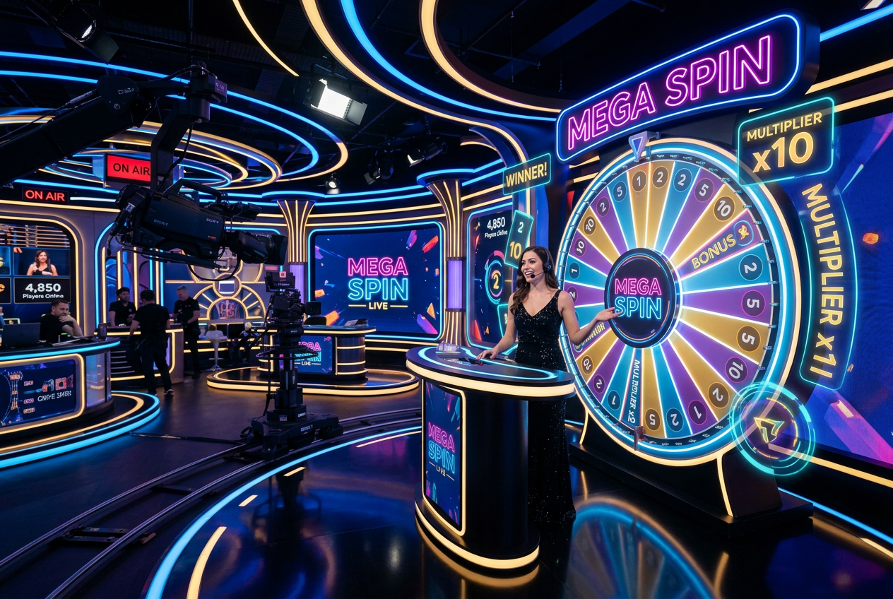 Nowoczesne studio kasyna na żywo z krupierem i efektami specjalnymi