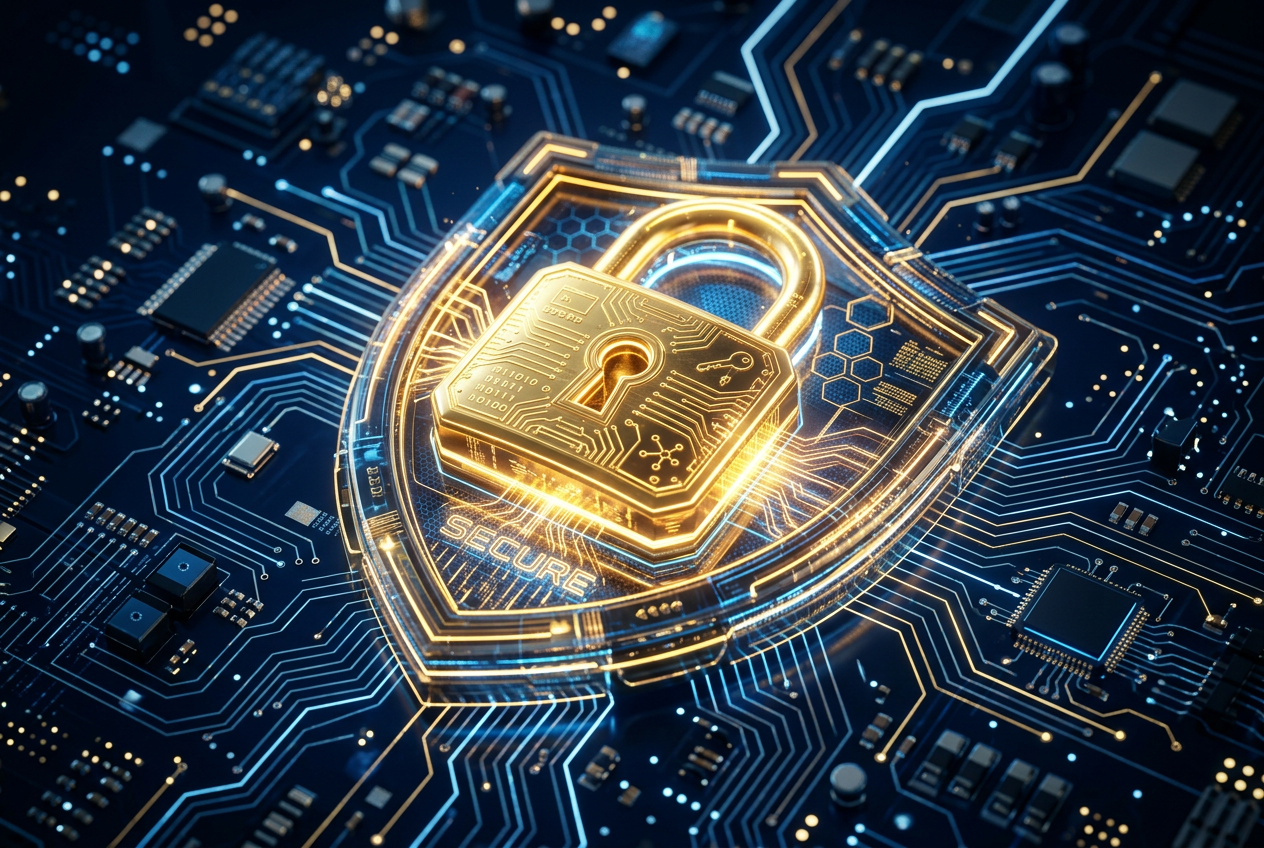 Digital security icon with padlock and shield on a blue technology circuit background