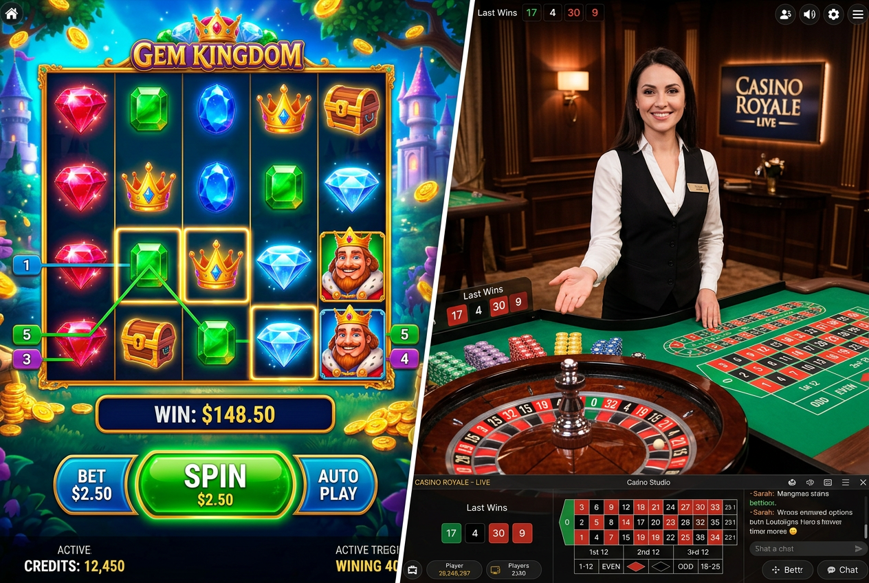 Porównanie wizualne slotu wideo oraz stołu do ruletki na żywo